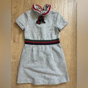 100% Authentic Gucci Kids Web Trim Maxi Dress Grey Cotton Bow Neck Girl Size 6